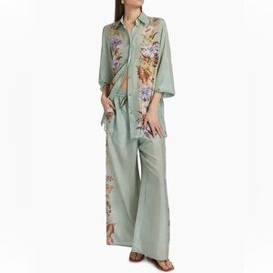 Final Zimmermann Coco Floral Silk Relaxed-Fit Shirt & Trousers Set Sage AU2 US8